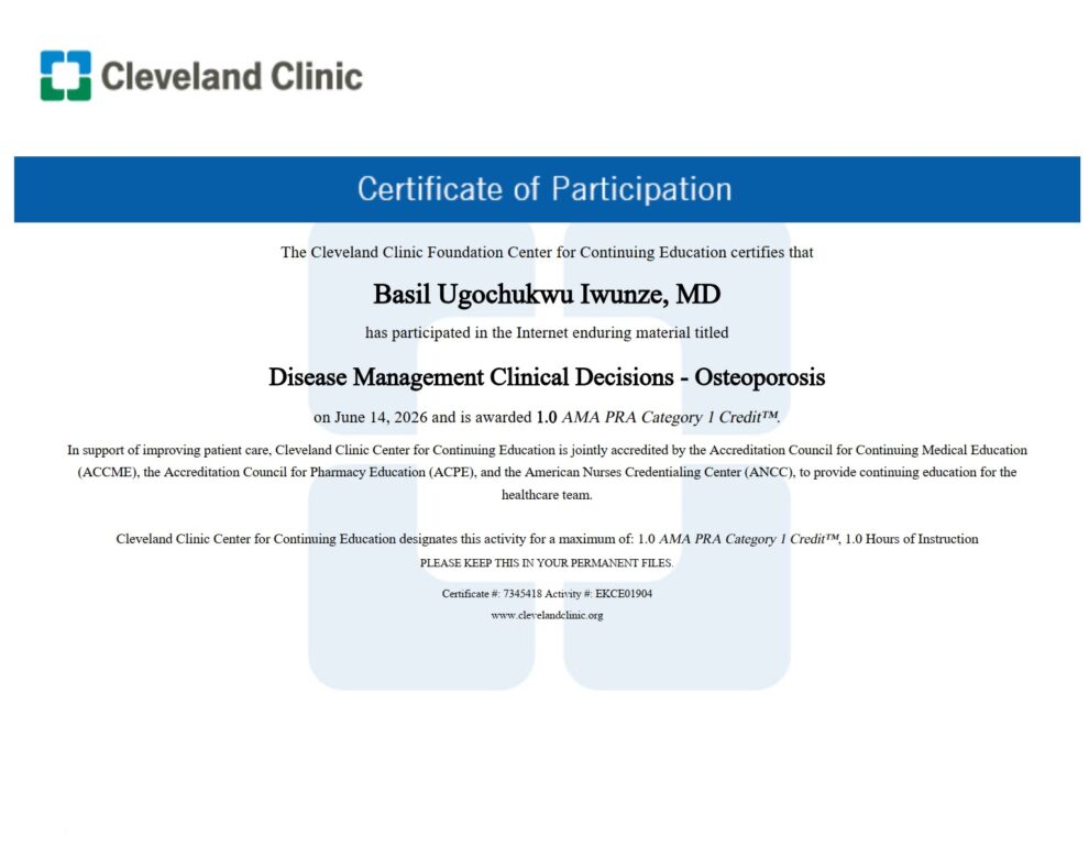 Ивунзе Б.У. - certificate of Participation - Disease Management Clinical Decisions - Osteoporosis - Cleveland Clinic on June 14, 2026