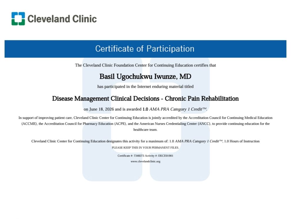 Ивунзе Б.У. - Certificate of Participation - Disease Management Clinical Decisions - Chronic Pain Rehabilitation - Cleveland Clinic - Basil Ugochukwu Iwunze, MD