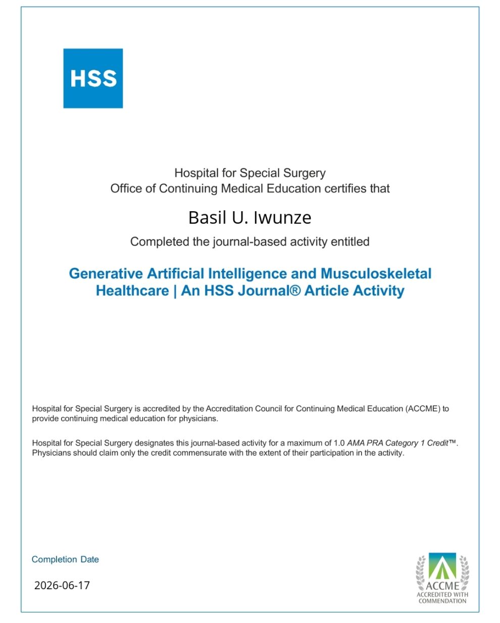 Generative Artificial Intelligence and Musculoskeletal Healthcare - Hospital for Special Surgery Continuing medical education - Iwunze Basil
